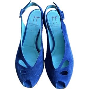 Thierry Rabotin Blue Suede peep-toe Slingback Wedge Sandals Italy, Size 37, US 7
